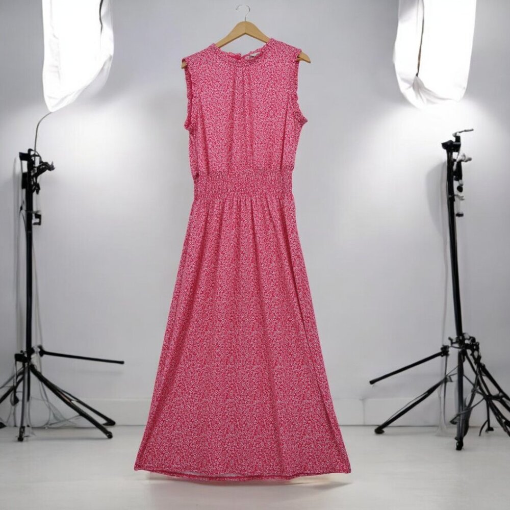 Halston Pink Floral Smocked Waist Sleeveless Midi Dress Size S‎